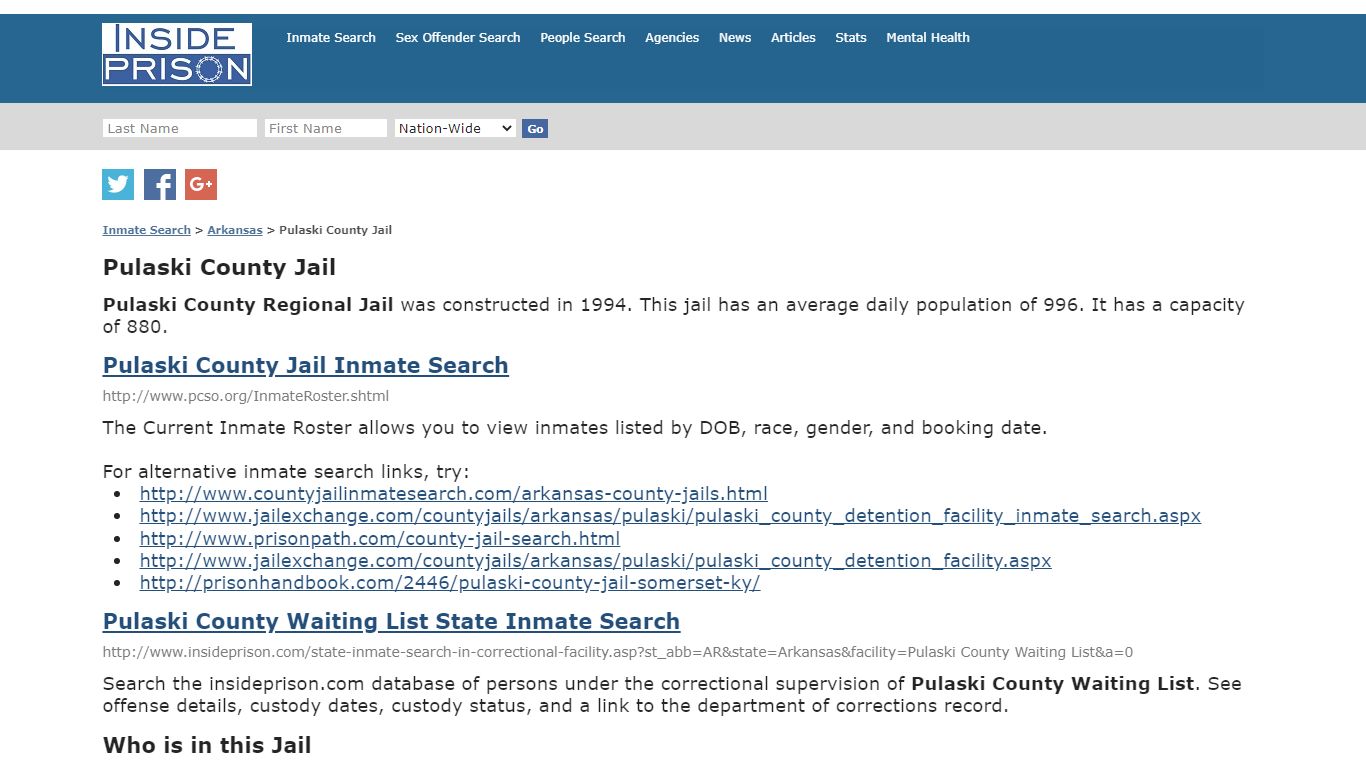 Pulaski County Jail - Arkansas - Inmate Search